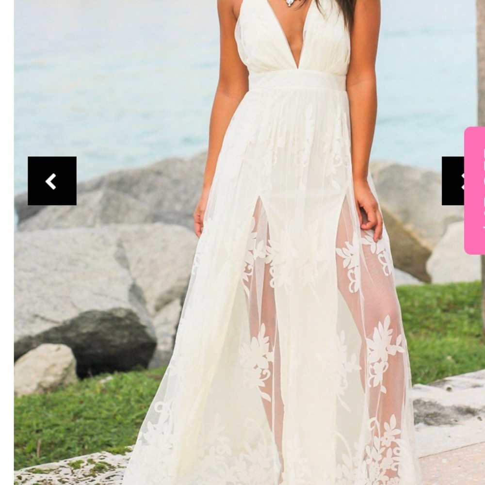 Ivory Floral Tulle Maxi Dress w/ Criss Cross Back